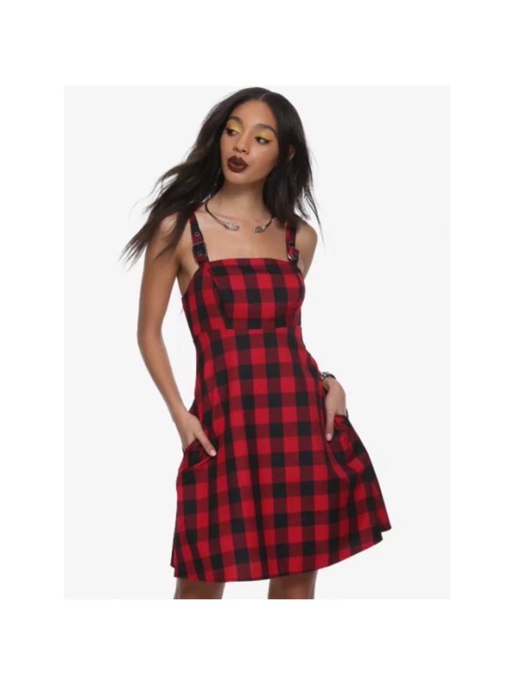 Hot Topic Buckle Strap Dress Womens Medium Red Black Buffalo Plaid Y2K Grunge